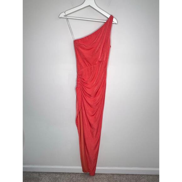 Katie May Desiree Asymmetric One-Shoulder Thigh Slit Maxi Dress Coral Women's XS - Picture 3 of 13